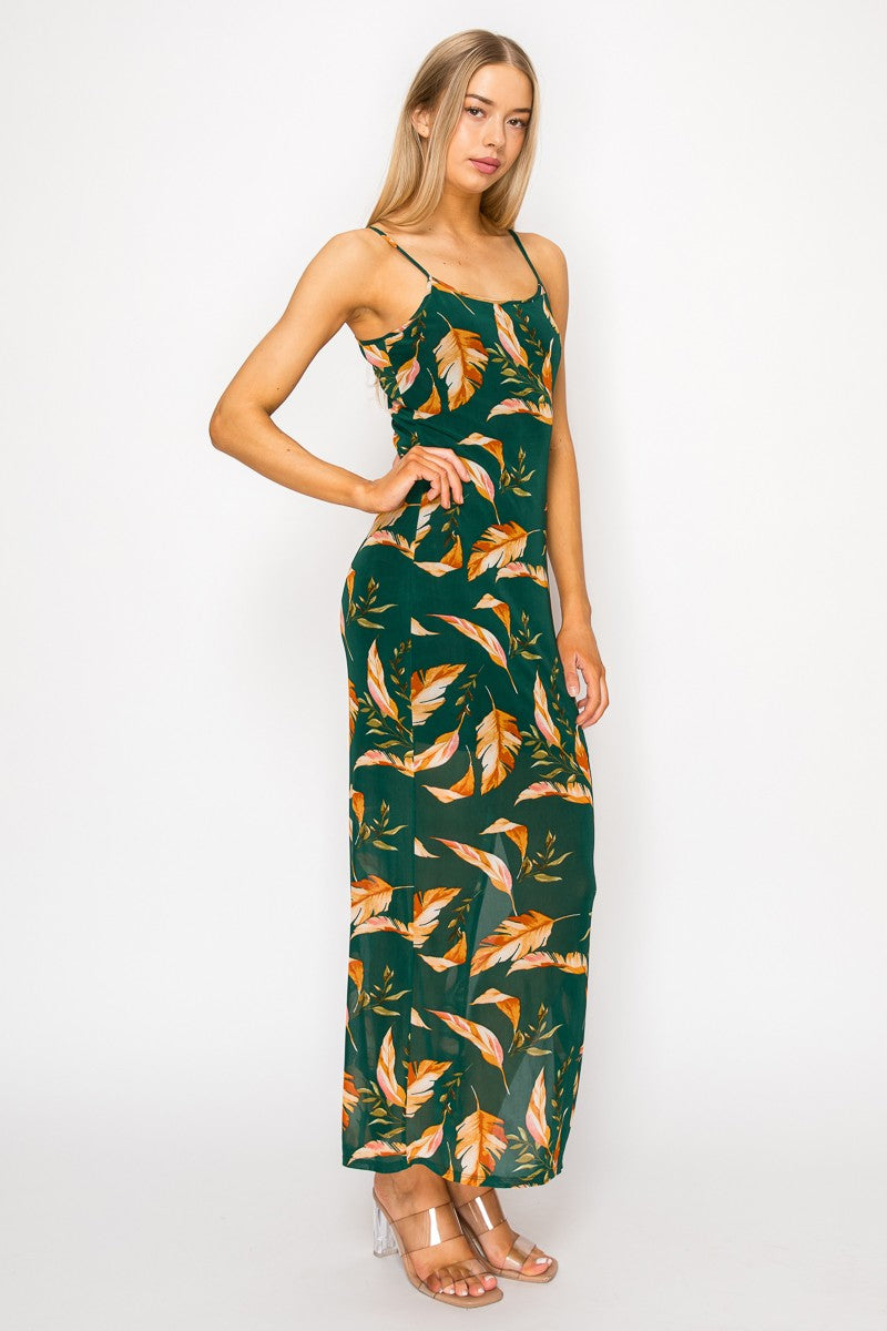 Hunter green tropical leaf print spaghetti strap side slit maxi dress - back criss-cross strap view