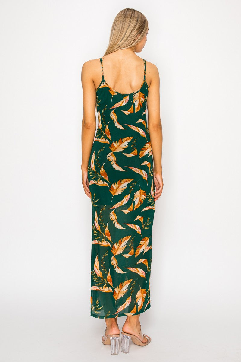 Hunter green tropical leaf print spaghetti strap side slit maxi dress - front smiling view