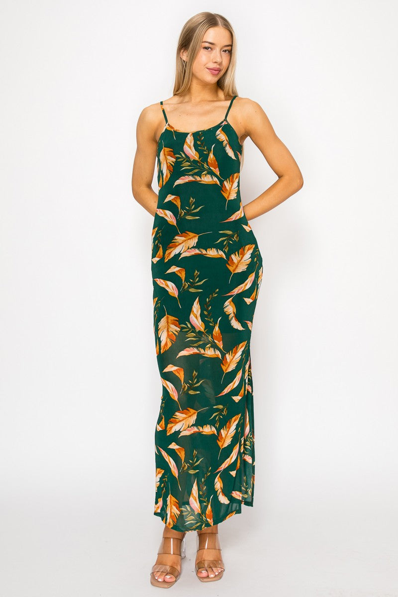 Hunter green tropical leaf print spaghetti strap side slit maxi dress - side view with slit