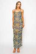 Blue and yellow zebra print spaghetti strap side slit maxi dress - front smiling view