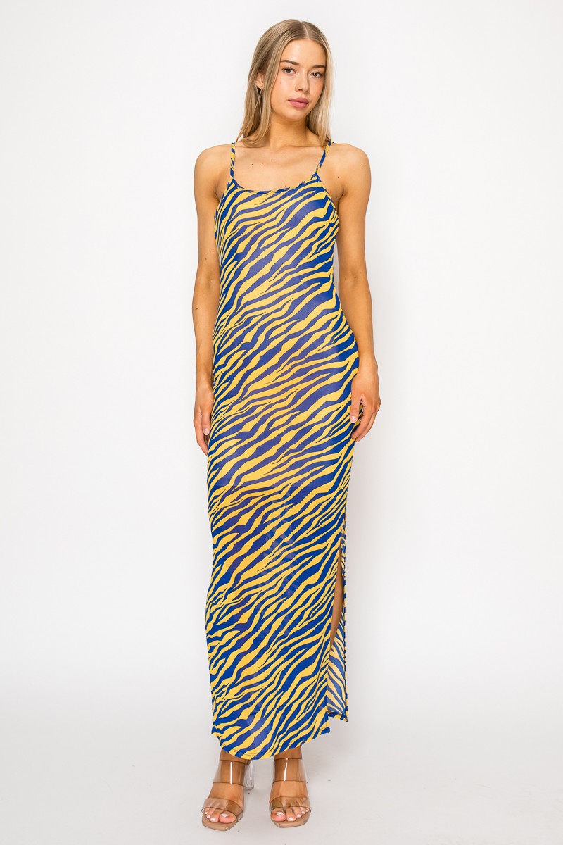 Blue and yellow zebra print spaghetti strap side slit maxi dress - front smiling view
