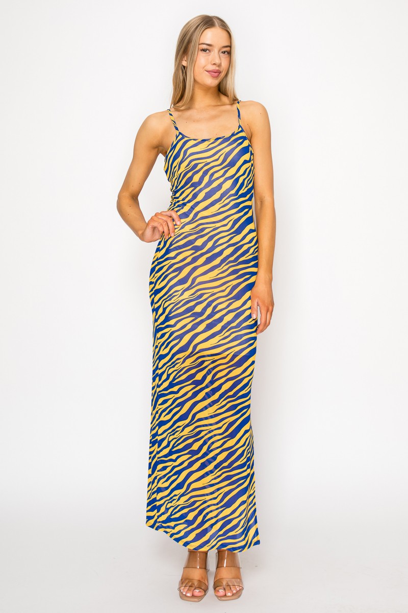 Blue and yellow zebra print spaghetti strap side slit maxi dress - back criss-cross strap view