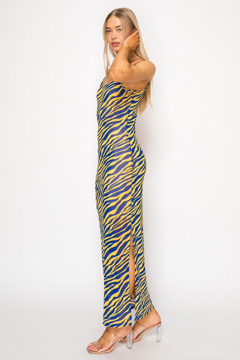 Blue and yellow zebra print spaghetti strap side slit maxi dress - front view