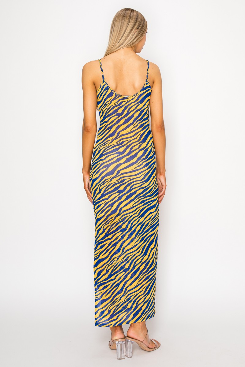 Blue and yellow zebra print spaghetti strap side slit maxi dress - side slit view