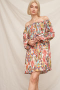 Multicolour ikat print off-shoulder long bishop-sleeve babydoll mini dress - front full view showing off-shoulder neckline and flowing silhouette