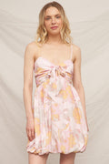 Blush floral spaghetti strap tie-front cut-out smocked back bubble hem mini dress - back smocked panel view