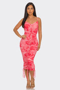 Coral swirl-print mesh spaghetti-strap sweetheart lace-up-front drawstring-hem allover-ruched bodycon midi dress - additional front view showing sweetheart neckline, centre-front lace-up hardware detail, allover ruched bodycon silhouette, and drawstring midi hem in coral swirl