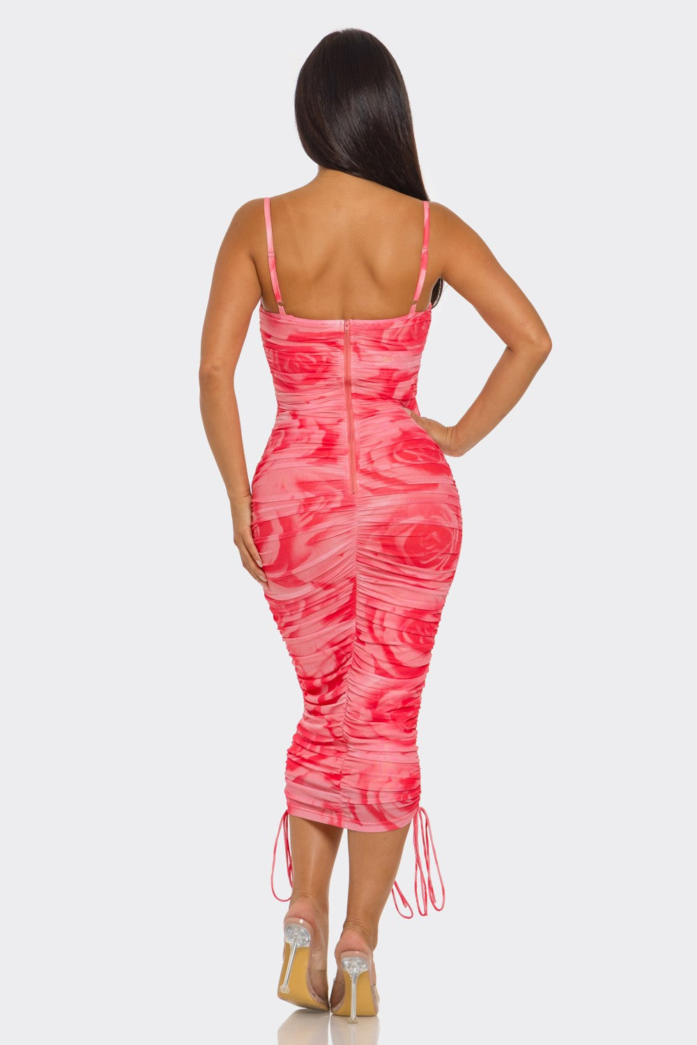 Coral swirl-print mesh spaghetti-strap sweetheart lace-up-front drawstring-hem allover-ruched bodycon midi dress - alternate front full view showing sweetheart neckline, spaghetti straps, full-length lace-up detail, dense allover ruching, and drawstring hem in coral swirl