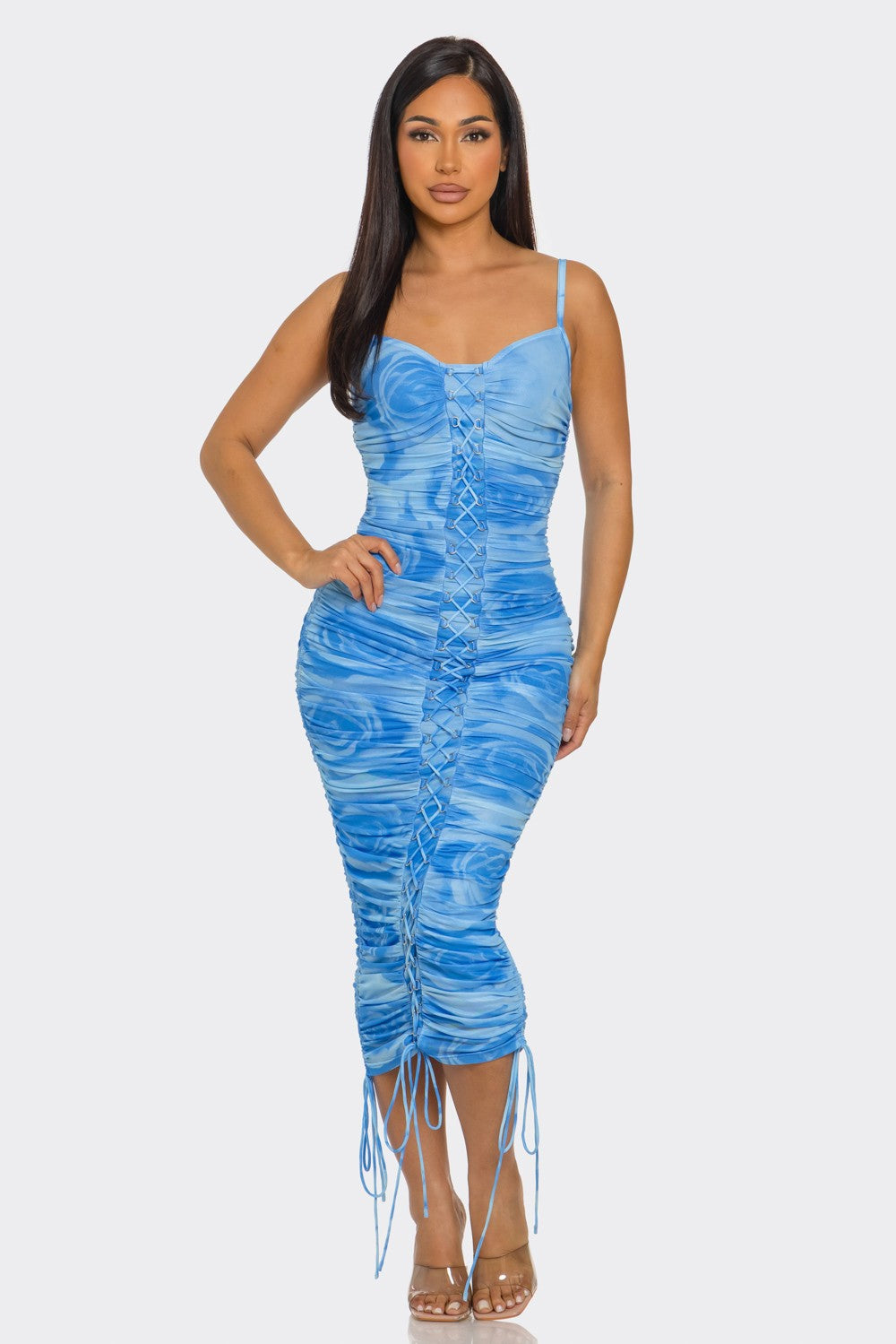 Coral swirl-print mesh spaghetti-strap sweetheart lace-up-front drawstring-hem allover-ruched bodycon midi dress - back full view showing fine spaghetti straps, smooth back ruched bodycon silhouette, and drawstring gathered midi hem from behind in coral swirl