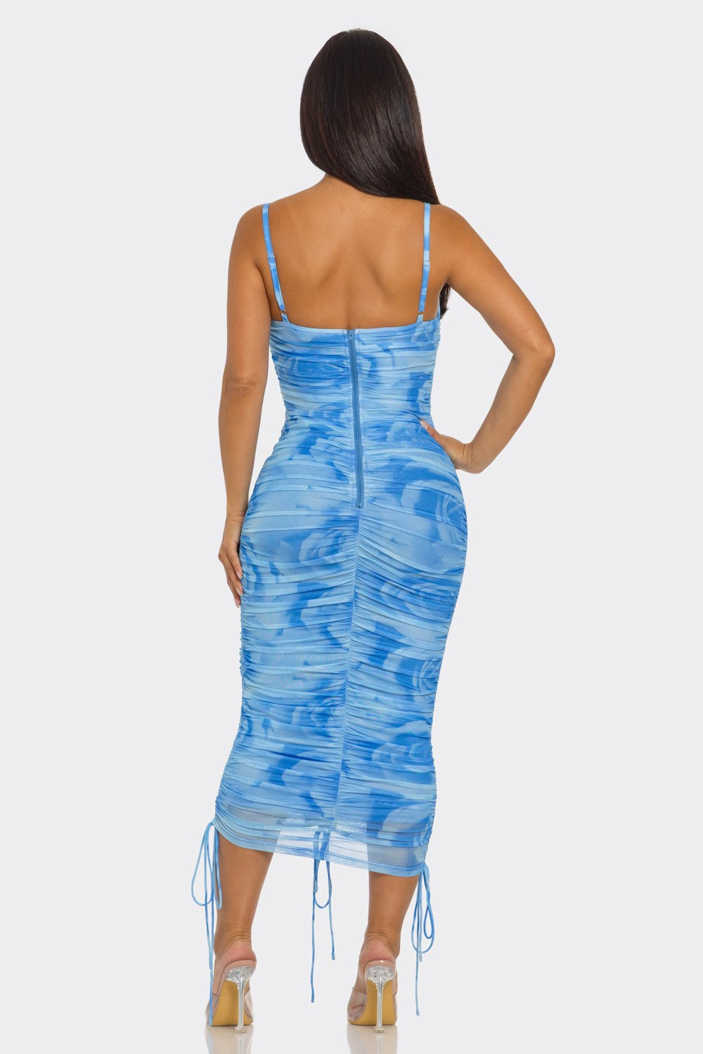 Sky blue swirl-print mesh spaghetti-strap sweetheart lace-up-front drawstring-hem allover-ruched bodycon midi dress - front full view showing sweetheart neckline, spaghetti straps, full-length centre-front lace-up cord hardware, allover ruched bodycon silhouette, and drawstring midi hem in blue swirl