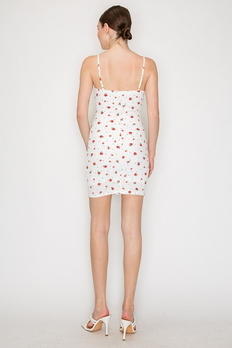 Cream blue-rose ditsy floral spaghetti-strap square-neck ruched-bust bodycon mini dress - additional front studio view showing full silhouette and blue rose floral print
