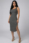 Black stripe scoop-neck tank bodycon midi dress with side slit - back full view showing scoop back neckline, wide tank straps, smooth stripe bodycon back, and midi hem in black
