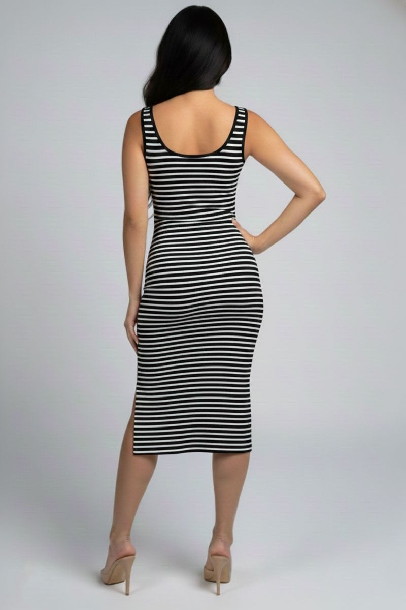 Black stripe scoop-neck tank bodycon midi dress with side slit - front full view showing scoop neckline, wide tank straps, smooth stripe bodycon silhouette, side slit, and midi hem in black