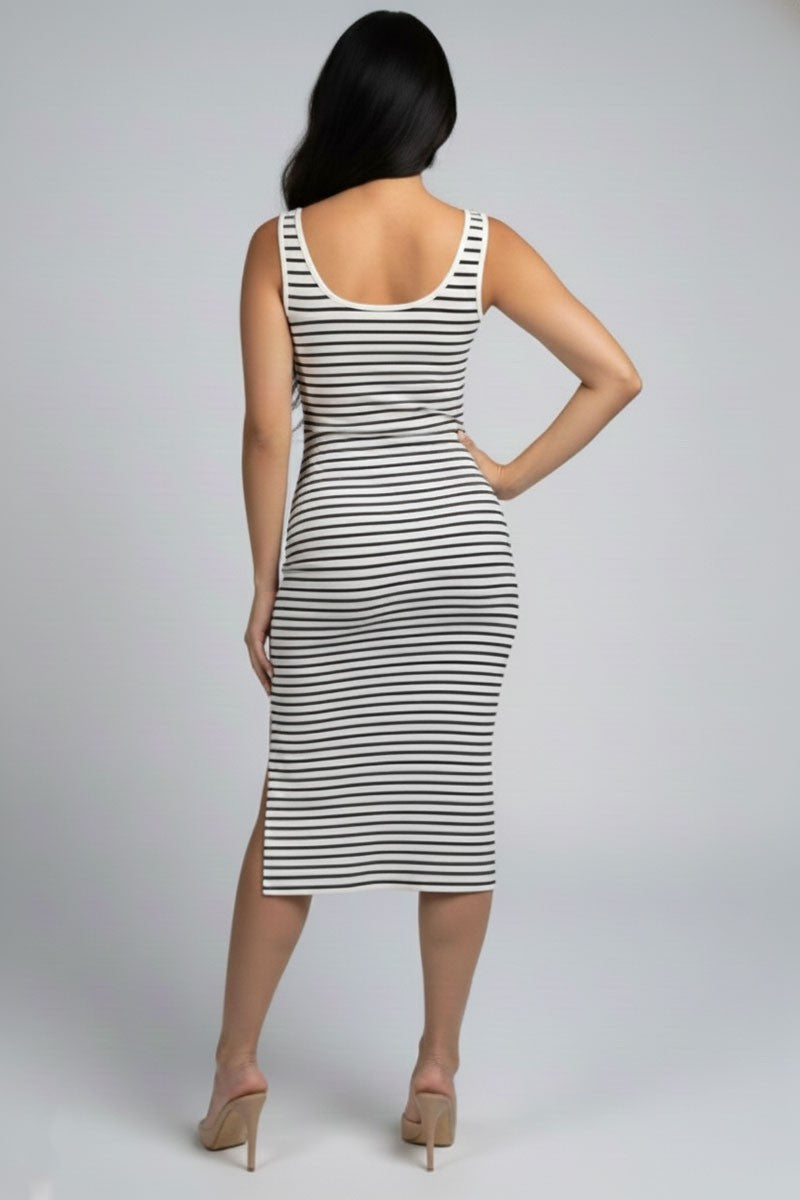 White stripe scoop-neck tank bodycon midi dress with side slit - back full view showing scoop back neckline, wide tank straps, smooth stripe bodycon back, and midi hem in white