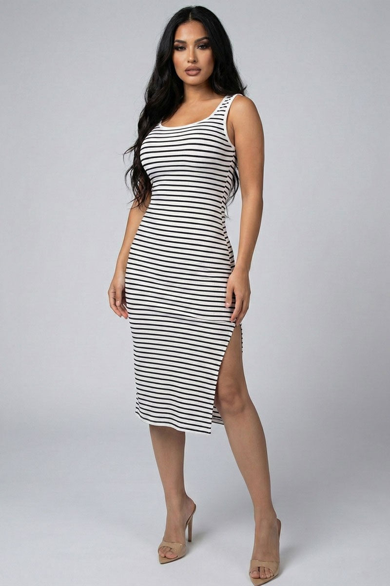 White stripe scoop-neck tank bodycon midi dress with side slit - front full view showing scoop neckline, wide tank straps, smooth stripe bodycon silhouette, side slit, and midi hem in white