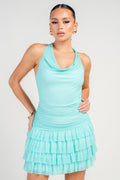 Aqua mint cowl neck halter open back tiered ruffle mini dress - ruffle skirt detail