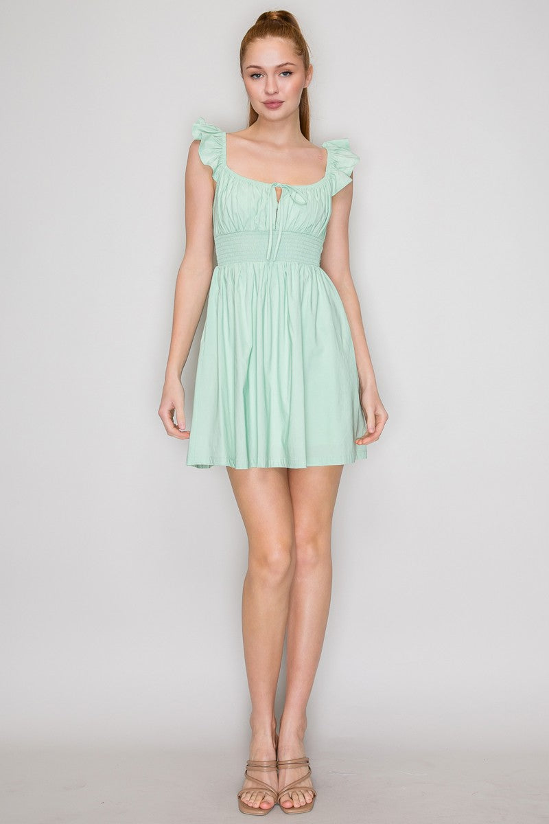 Baby blue ruched-bodice ruffle-strap front-tie smocked-waist babydoll mini dress - three-quarter side view showing ruffle straps, ruched bodice, and full skirt