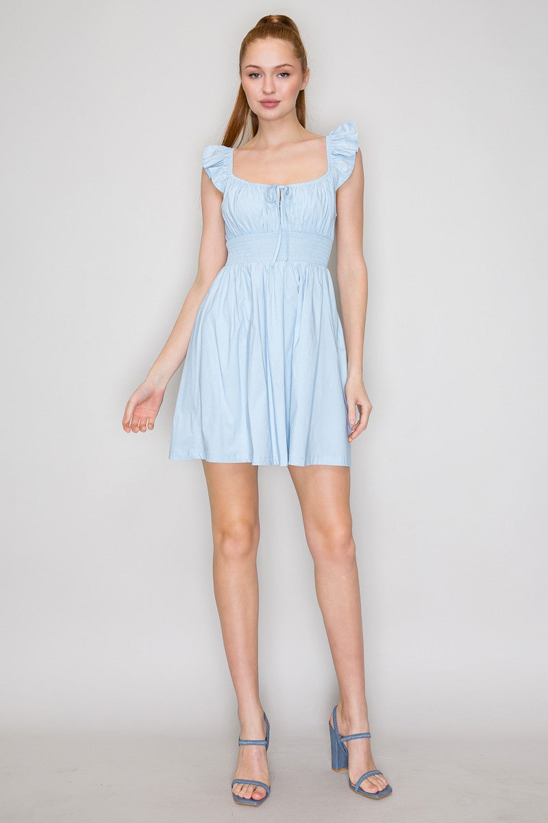 Ruched-Bodice Ruffle-Strap Front-Tie Smocked-Waist Babydoll Mini Dress