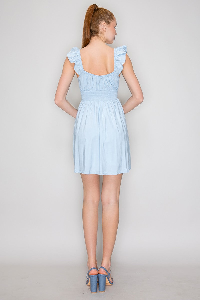 Baby blue ruched-bodice ruffle-strap front-tie smocked-waist babydoll mini dress - additional front view showing scoop neckline and full babydoll silhouette