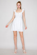 Mint green ruched-bodice ruffle-strap front-tie smocked-waist babydoll mini dress - front full view showing scoop neckline, tie bow, ruffle straps, and full skirt