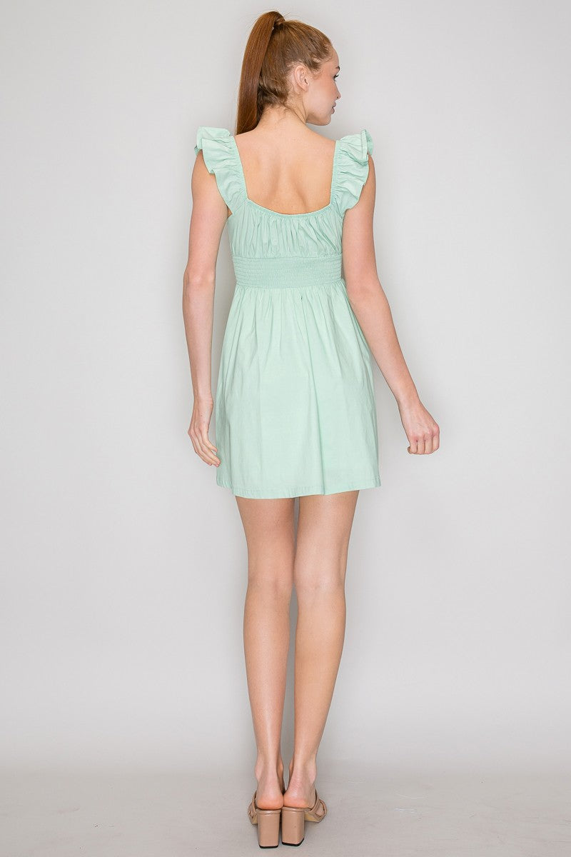 Baby blue ruched-bodice ruffle-strap front-tie smocked-waist babydoll mini dress - back view showing open scoop back neckline, ruffle straps, and smocked waistband