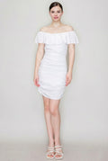 White off-shoulder ruffle-collar allover-ruched bodycon mini dress - front full view showing wide off-shoulder ruffle collar, smooth bodice, fully ruched bodycon skirt, and mini hem
