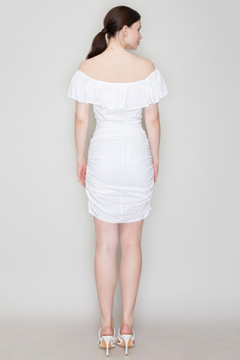 White off-shoulder ruffle-collar allover-ruched bodycon mini dress - back full view showing off-shoulder ruffle collar at back, smooth upper back, and fully ruched bodycon skirt from behind