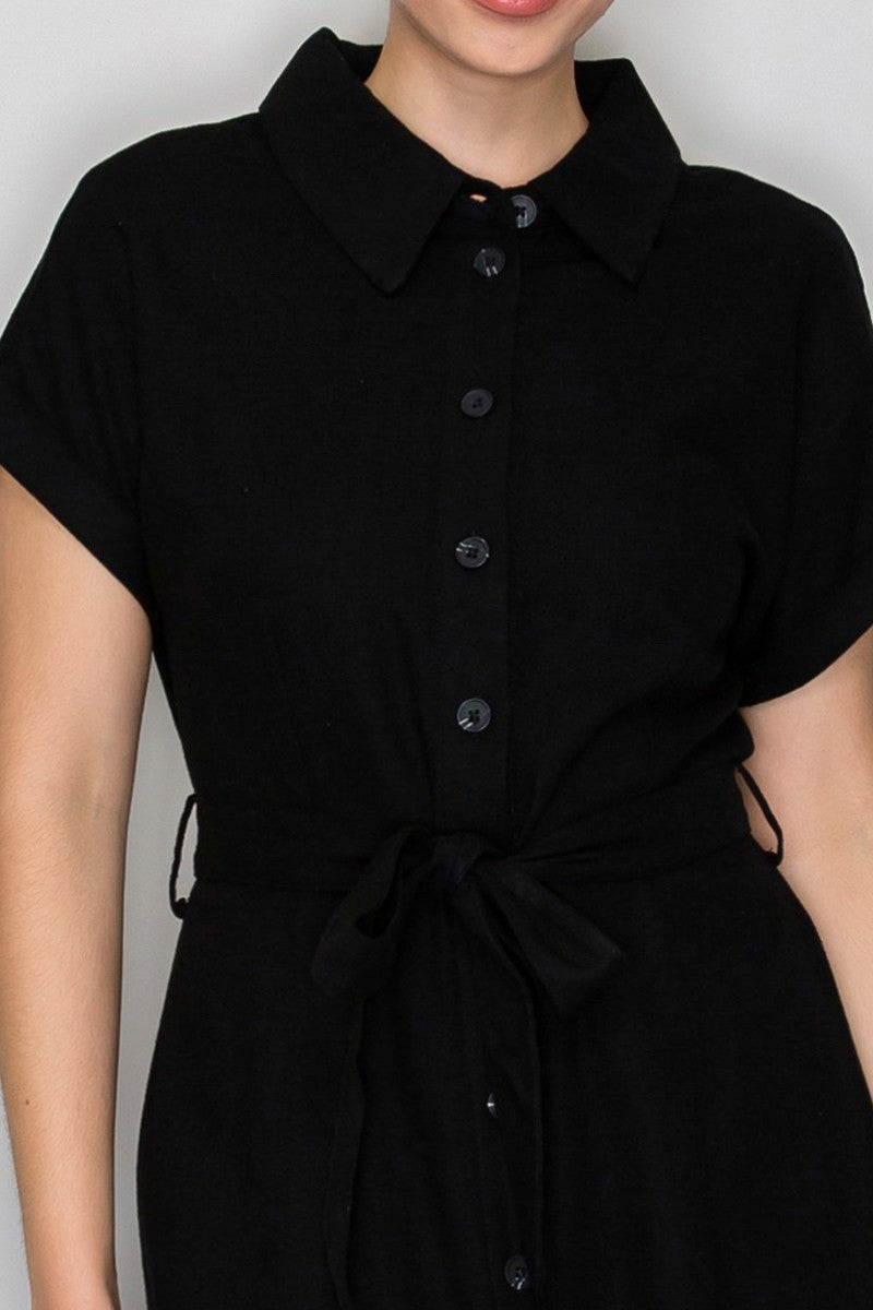 Black short-sleeve shirt-collar button-front belted side-slit maxi dress - front full view showing pointed shirt collar, full-length button placket, short cuffed sleeves, self-tie belt at waist, and maxi length