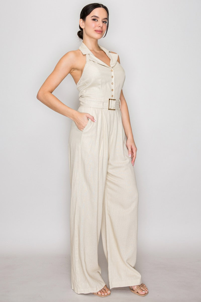 Halter-Collar Button-Front Belted Wide-Leg Jumpsuit