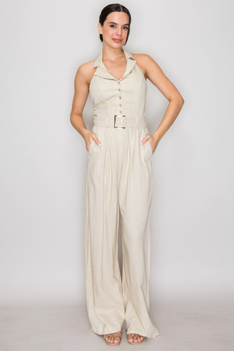 Halter-Collar Button-Front Belted Wide-Leg Jumpsuit
