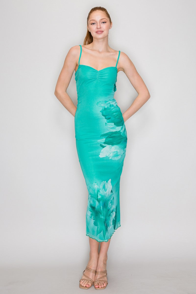 Teal mesh spaghetti-strap sweetheart ruched open-back watercolour floral midi dress - front full view showing sweetheart neckline, double spaghetti straps, solid teal bodice, large-scale watercolour floral skirt, and midi hem