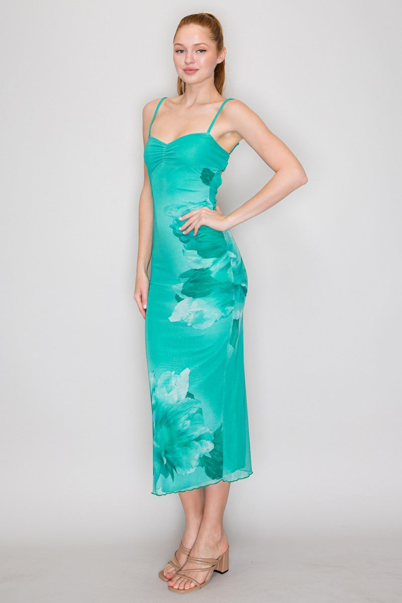 Teal mesh spaghetti-strap sweetheart ruched open-back watercolour floral midi dress - three-quarter front view showing sweetheart ruched neckline, double straps, teal bodice transitioning to watercolour floral skirt, and midi length