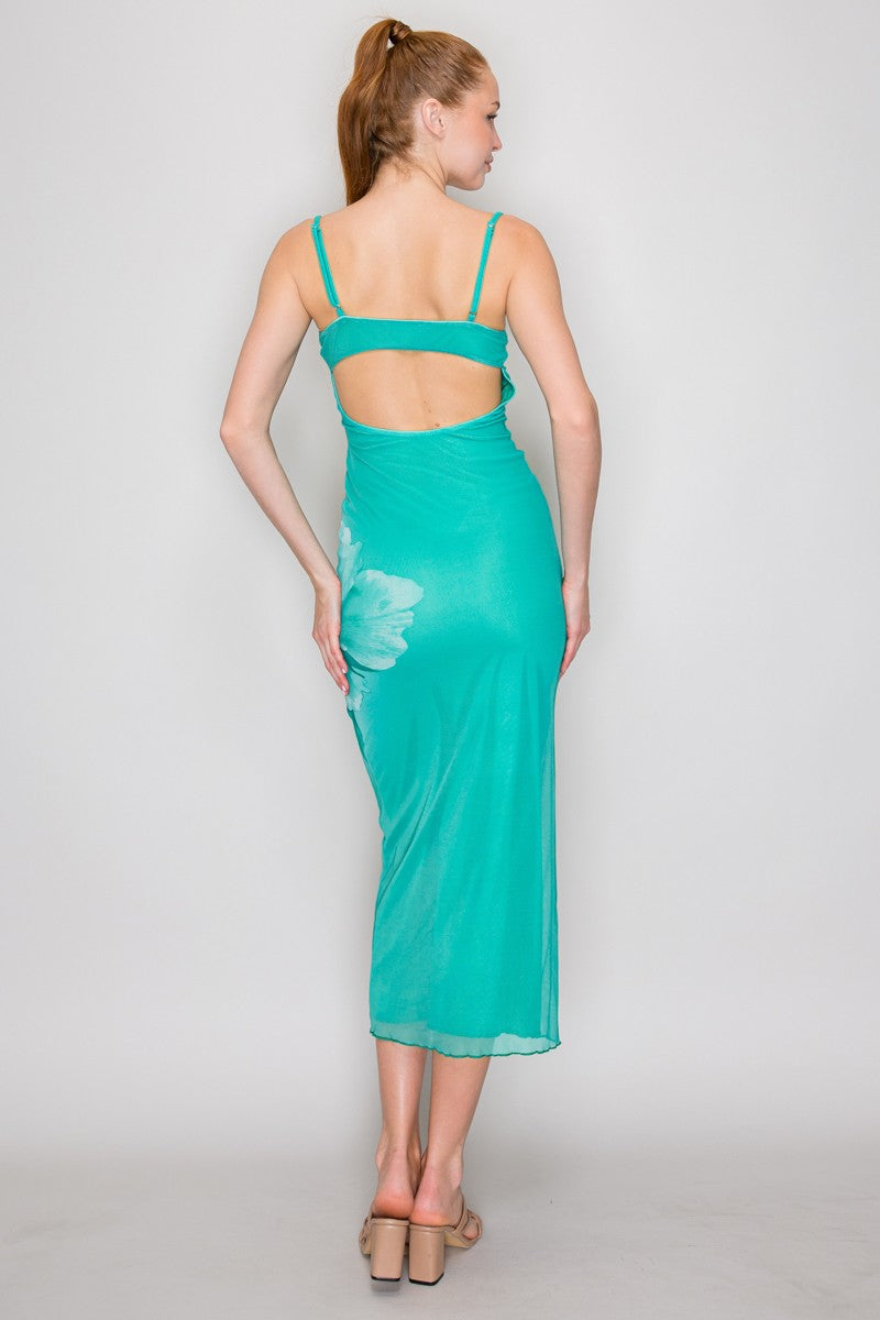 Teal mesh spaghetti-strap sweetheart ruched open-back watercolour floral midi dress - back full view showing double spaghetti straps, clean open-back rectangular cut-out exposing full upper back, and watercolour floral midi skirt from behind