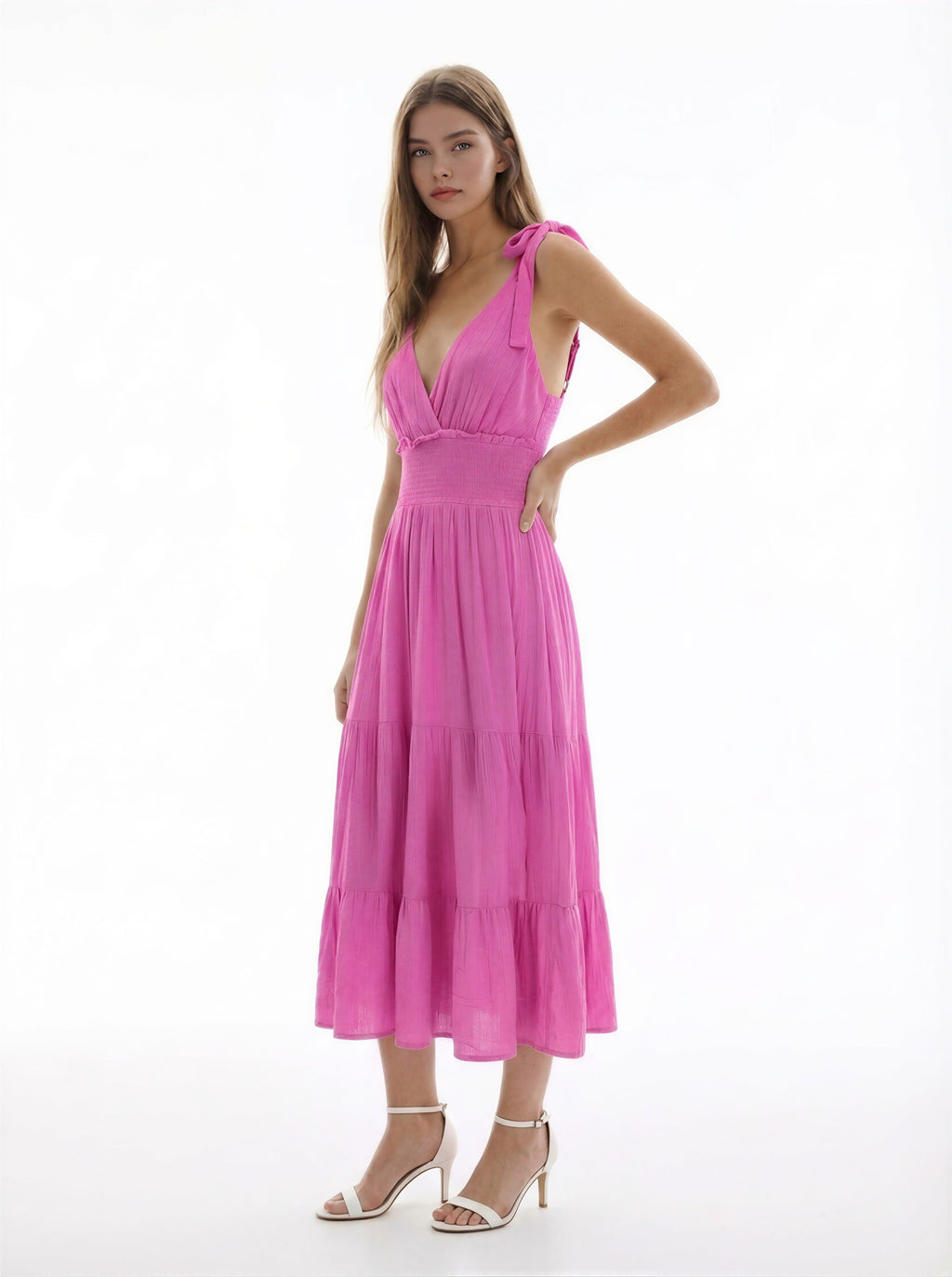 V-Neck Tie-Shoulder Smocked-Waist Tiered Midi Dress
