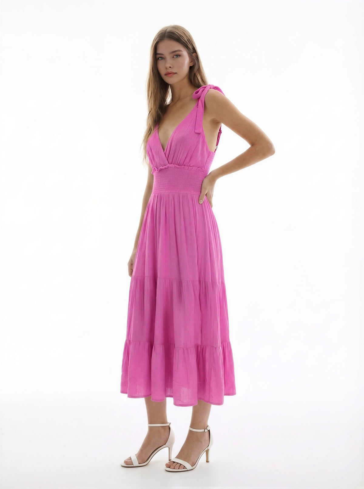 V-Neck Tie-Shoulder Smocked-Waist Tiered Midi Dress