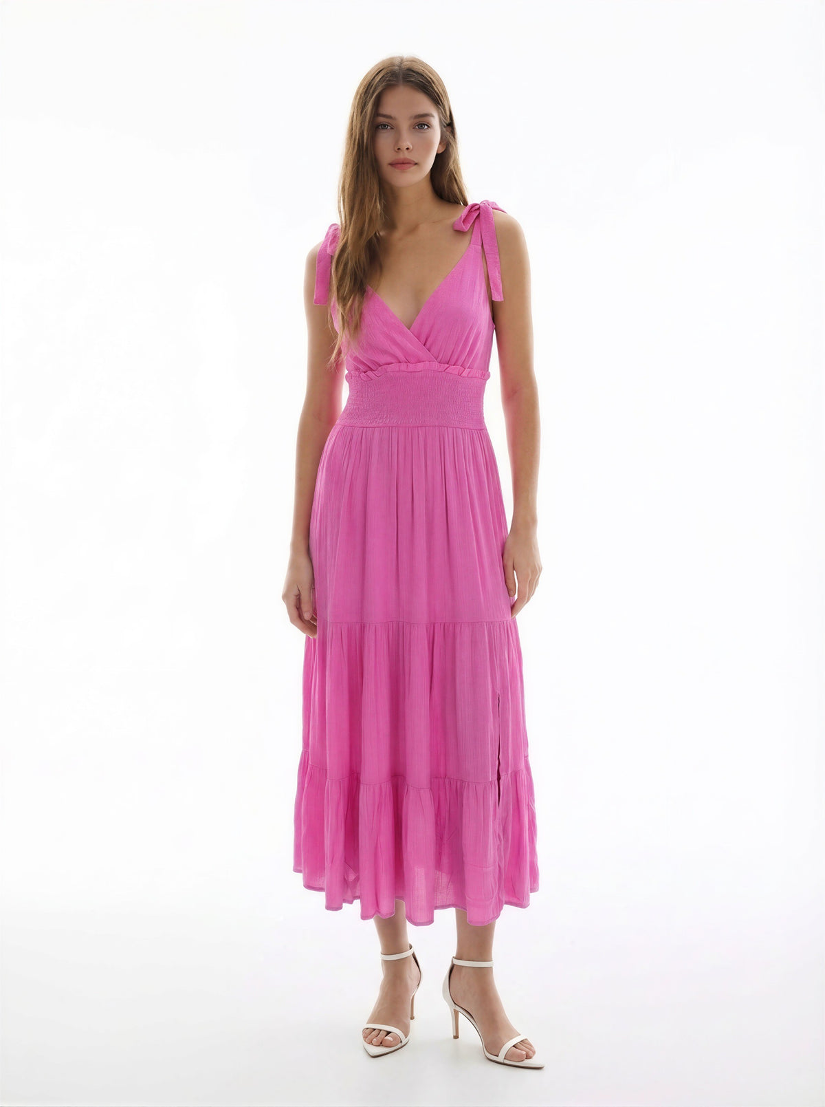 V-Neck Tie-Shoulder Smocked-Waist Tiered Midi Dress