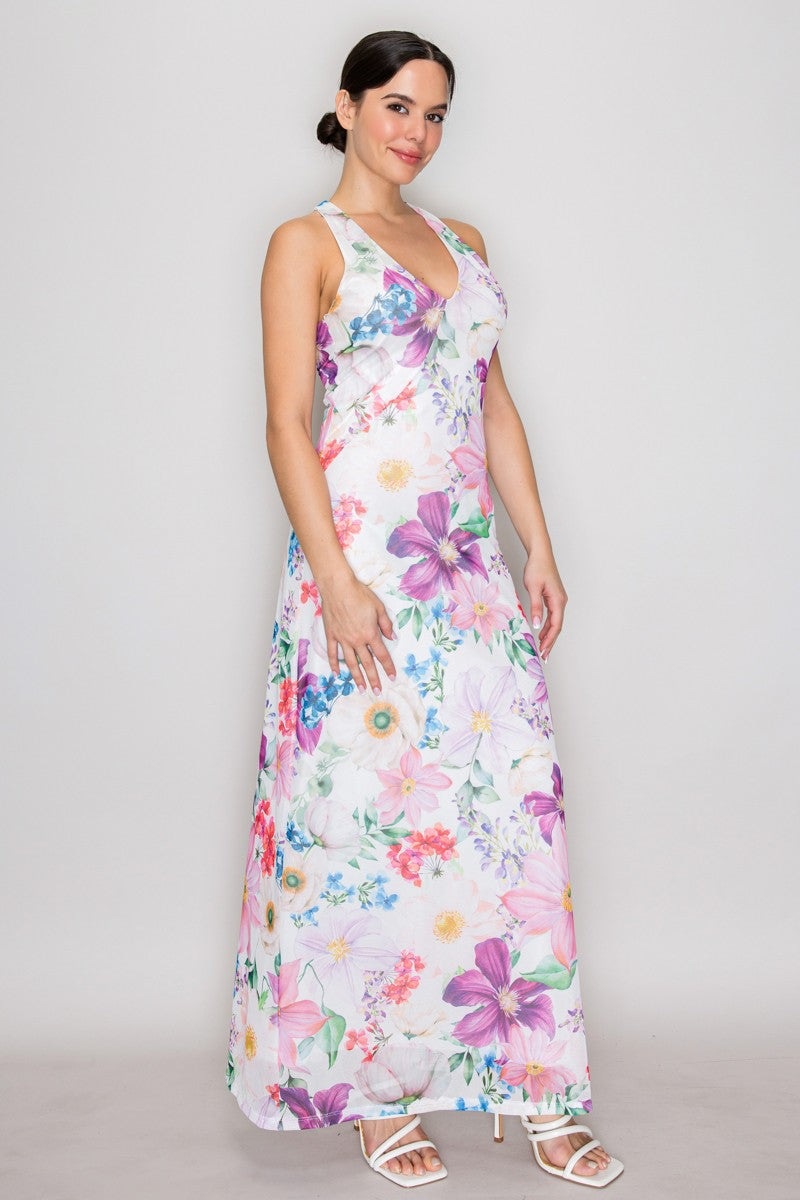 Purple lavender watercolour floral print mesh V-neck halter-tie-back maxi dress - alternate front three-quarter view showing V-neckline, halter construction, fluid maxi silhouette, and purple pink blue watercolour floral print on white
