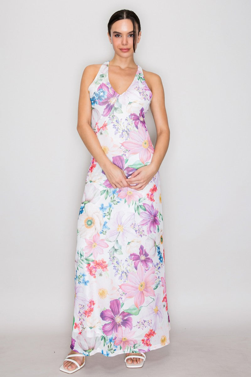 Purple lavender watercolour floral print mesh V-neck halter-tie-back maxi dress - additional front full view showing deep V-neckline, racerback halter straps, smooth fitted bodice, A-line maxi skirt, and full purple lavender botanical watercolour floral print on white