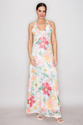 Purple lavender watercolour floral print mesh V-neck halter-tie-back maxi dress - close-up bodice detail showing deep V-neckline, racerback halter strap detail, and large-scale purple lavender watercolour botanical floral print
