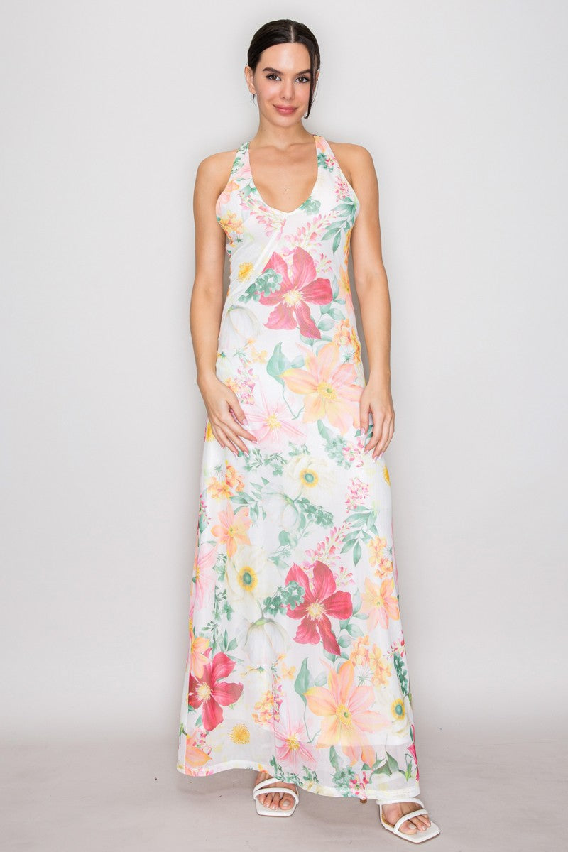 Purple lavender watercolour floral print mesh V-neck halter-tie-back maxi dress - close-up bodice detail showing deep V-neckline, racerback halter strap detail, and large-scale purple lavender watercolour botanical floral print