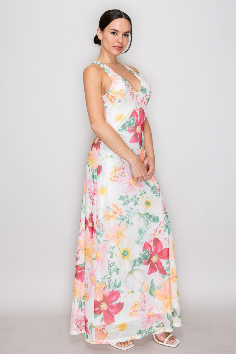Purple lavender watercolour floral print mesh V-neck halter-tie-back maxi dress - back full view showing racerback multi-strap halter construction, bow tie at nape of neck, keyhole upper back detail, and purple floral watercolour print from behind