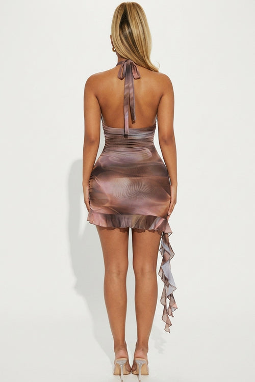 Abstract print deep V halter keyhole gold buckle ruffle mini dress - front view