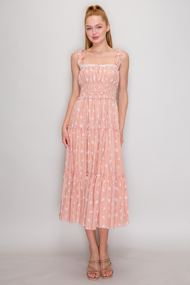 Blush ditsy-floral-print ruffle-strap scallop-lace-trim ribbon-tie smocked-bodice tiered midi dress - front full-length alternate view showing wide ruffled shoulder straps, white scallop lace trim with ribbon bow, smocked bodice, and full tiered chiffon midi skirt in blush ditsy floral print