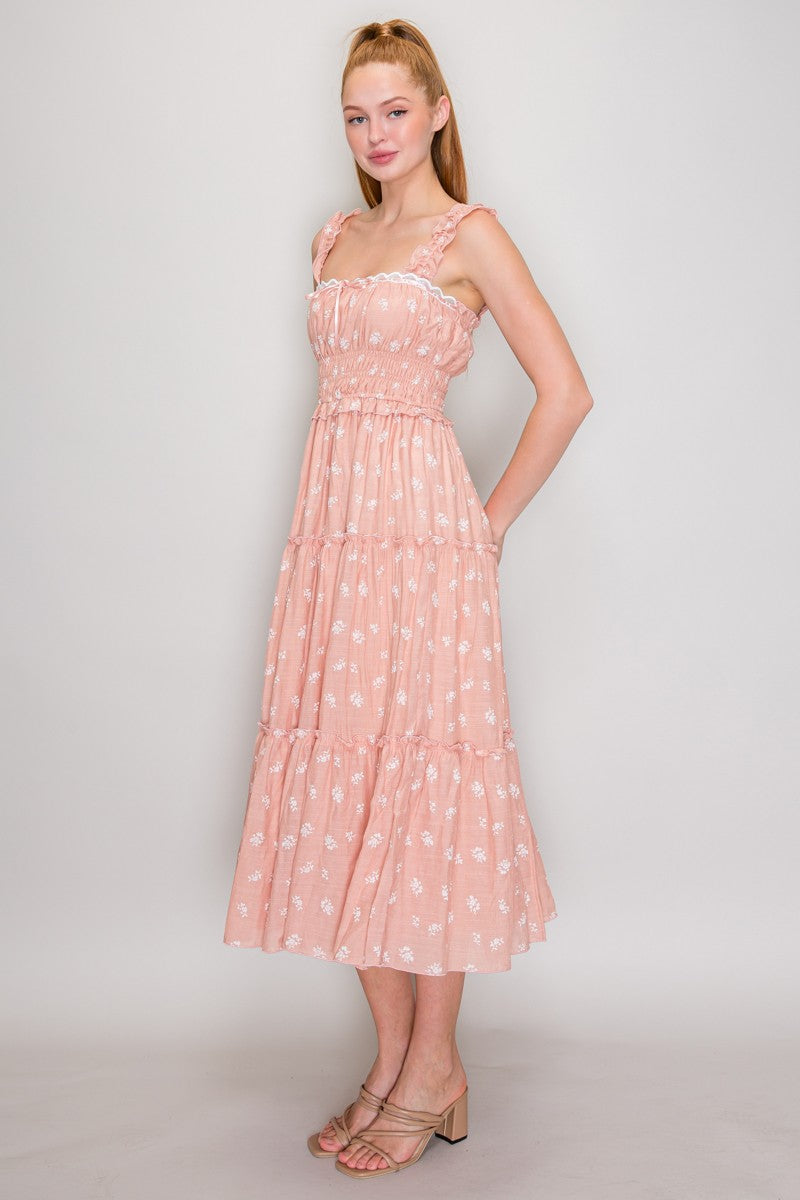 Blush ditsy-floral-print ruffle-strap scallop-lace-trim ribbon-tie smocked-bodice tiered midi dress - side three-quarter view showing ruffled straps, scallop lace neckline, smocked bodice profile, ruffled waist flounce, and full tiered chiffon midi skirt from the side in blush floral print