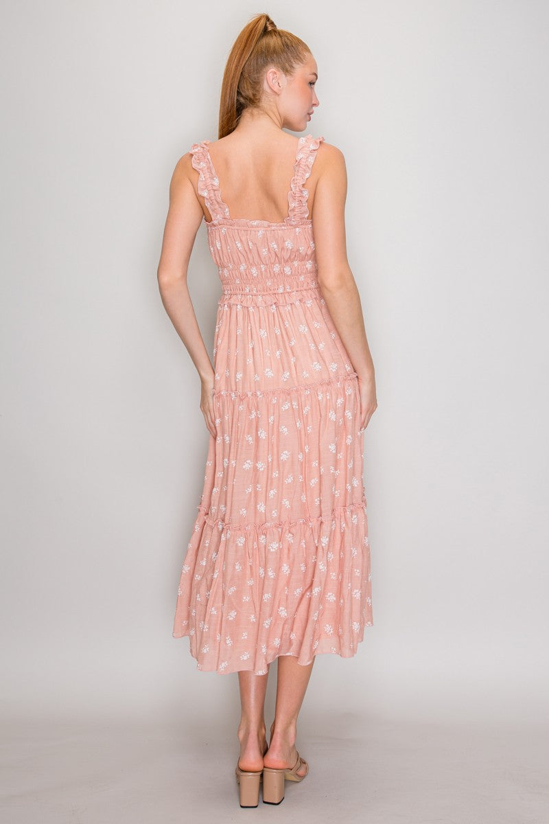 Blush ditsy-floral-print ruffle-strap scallop-lace-trim ribbon-tie smocked-bodice tiered midi dress - back full-length view showing wide ruffled straps, smocked back bodice, and voluminous tiered chiffon midi skirt from behind in blush ditsy floral print