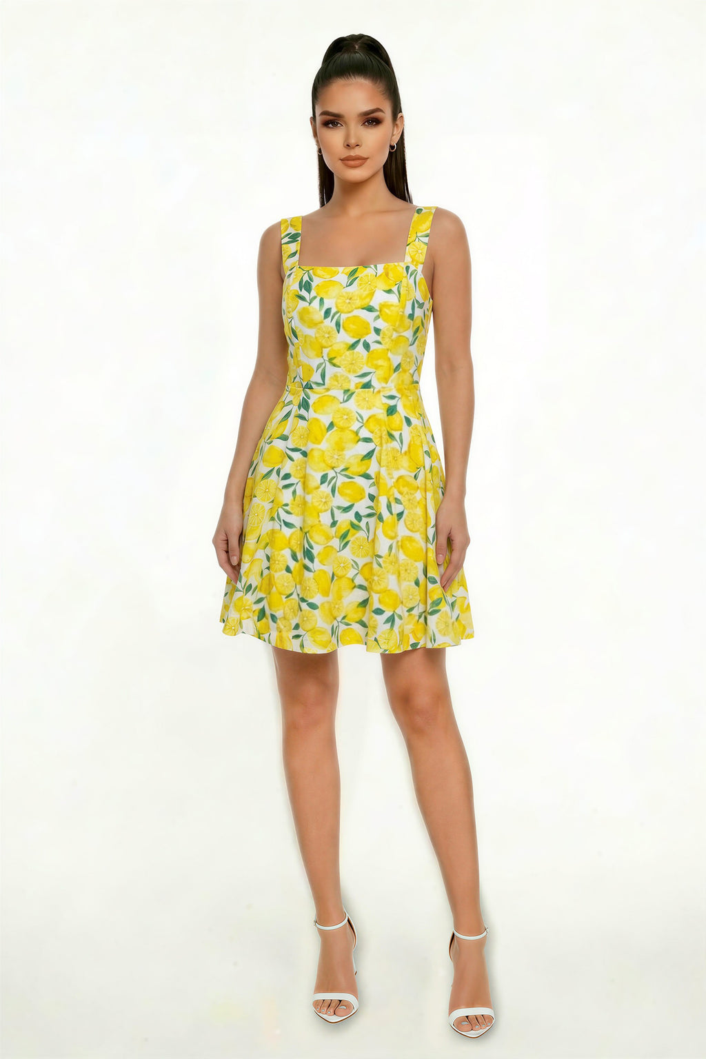Lemon print wide-strap square-neck fitted-bodice open-back full-skirt skater mini dress - front full view showing square neckline and full skirt