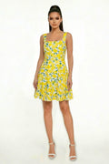 Lemon print wide-strap square-neck fitted-bodice open-back full-skirt skater mini dress - front full view showing square neckline and full skirt