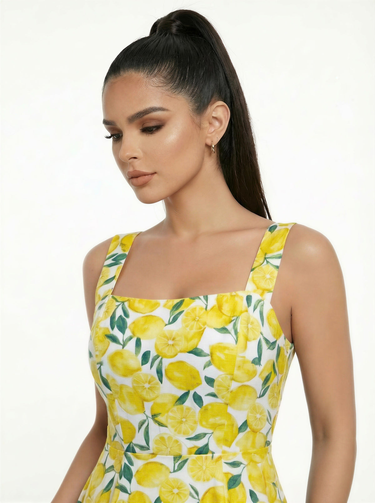 Lemon print wide-strap square-neck fitted-bodice open-back full-skirt skater mini dress - close-up of square neckline, wide straps, and lemon print bodice detail