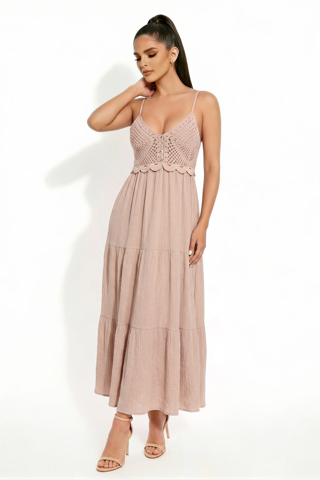 Taupe spaghetti-strap deep-V crochet-bodice button-front scallop-hem smocked-back tiered maxi dress - front full-length view showing fine spaghetti straps, dramatically plunging deep-V open diamond-lattice crochet bodice with centre button placket, decorative scallop hem at waist, and voluminous two-tier crinkle maxi skirt in warm muted taupe-rose