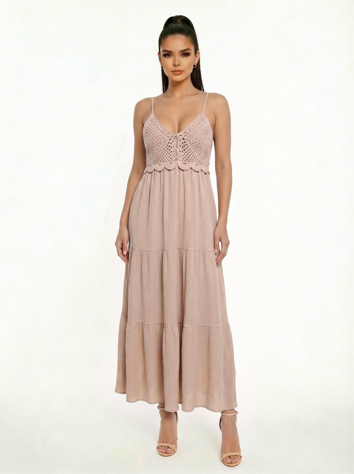 Taupe spaghetti-strap deep-V crochet-bodice button-front scallop-hem smocked-back tiered maxi dress - front full-length alternate view showing spaghetti straps, plunging deep-V crochet bodice with button placket and scallop waist hem, and voluminous tiered crinkle maxi skirt in warm muted taupe-rose